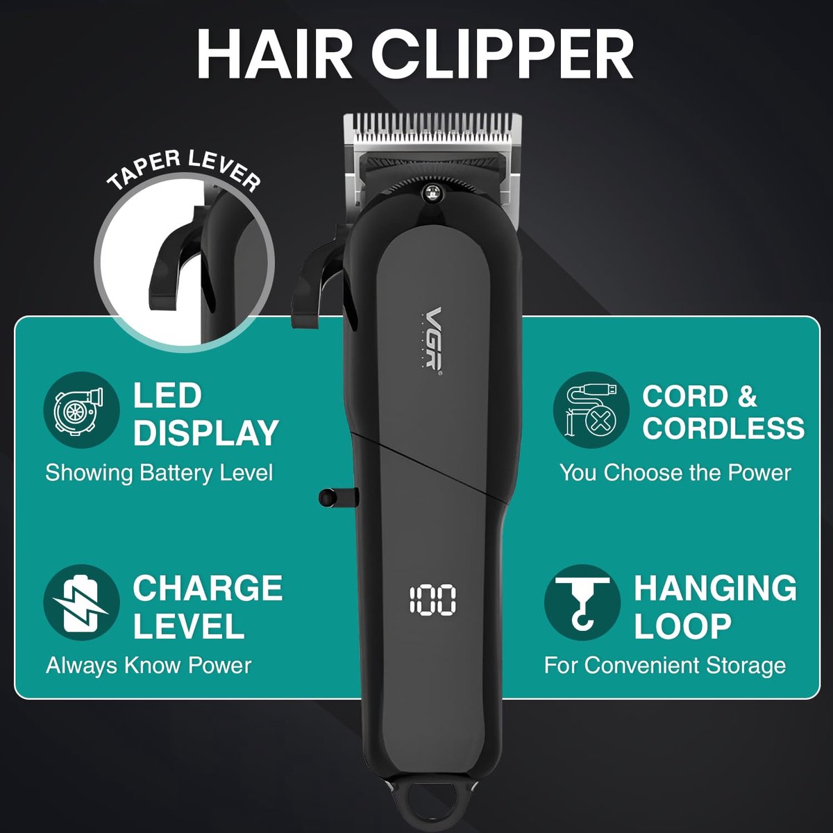 Professionele Draadloze Tondeuse voor Mannen – VGR V-118 – Barber Hair Clipper – LED Display – 6 Opzetkammen – 2000mAh