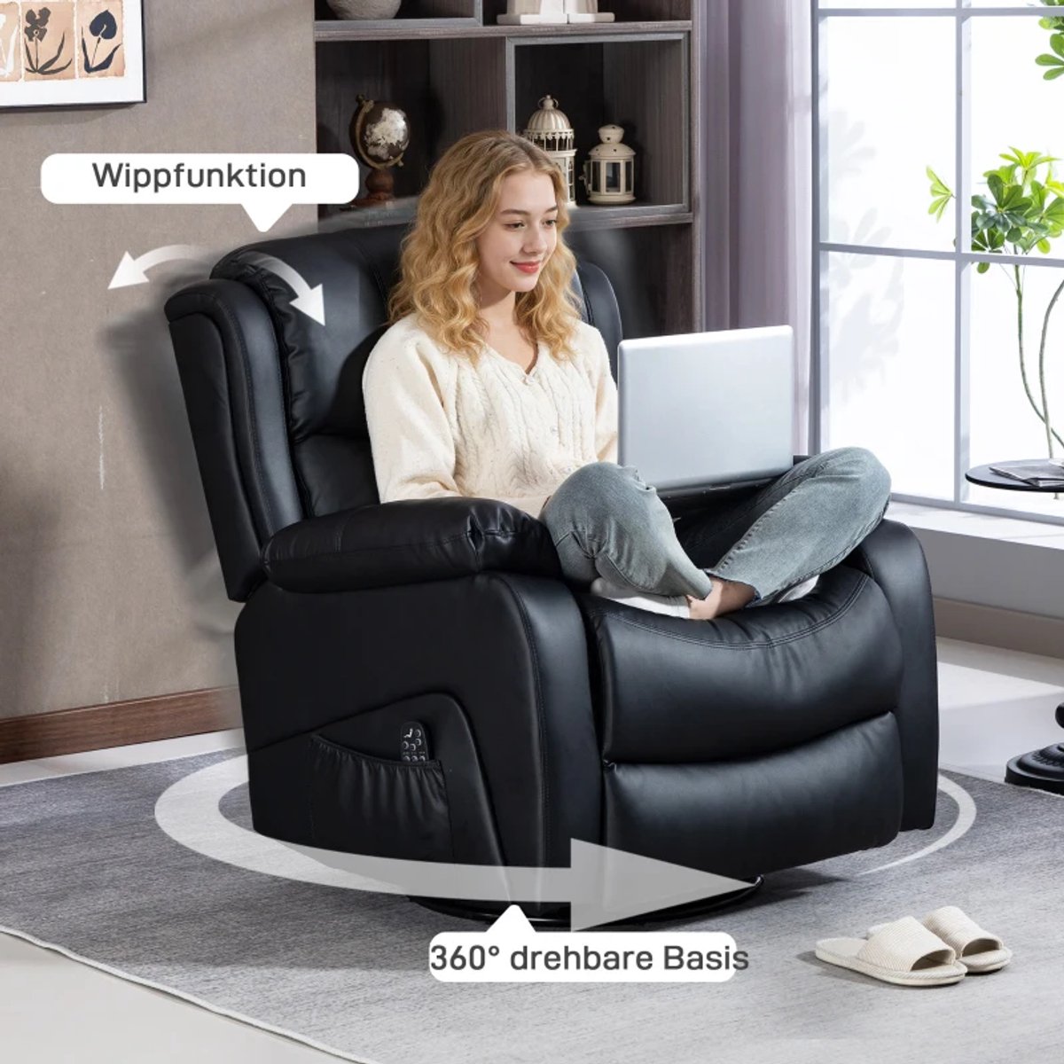 Elektrische Massagestoel - Massagefauteuil met Verwarming en 360°-Draaifunctie - 8 Vibratiekoppen - Kantelbaar tot 145° - tot 135 kg - met Afstandsbediening - Relaxfauteuil - Relaxstoel - TV stoel - Zwart thumbnail 2