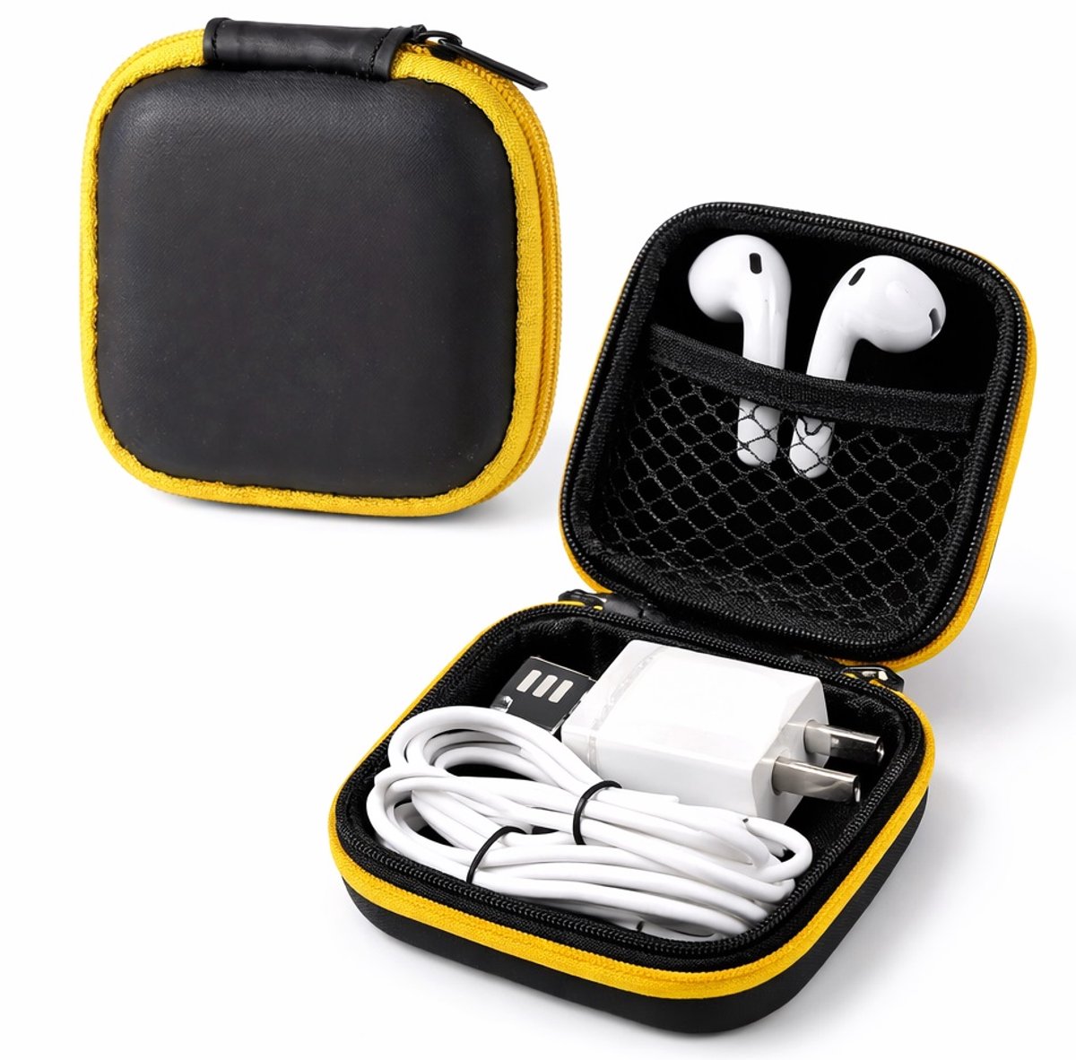 Oortjes Opberg Hoesje Voor Earphnes I Case Voor In-ear koptelefoon I Oortyejs Case | Headphone Organizer | Opbergcase Laadkabels I Zwart/Geel