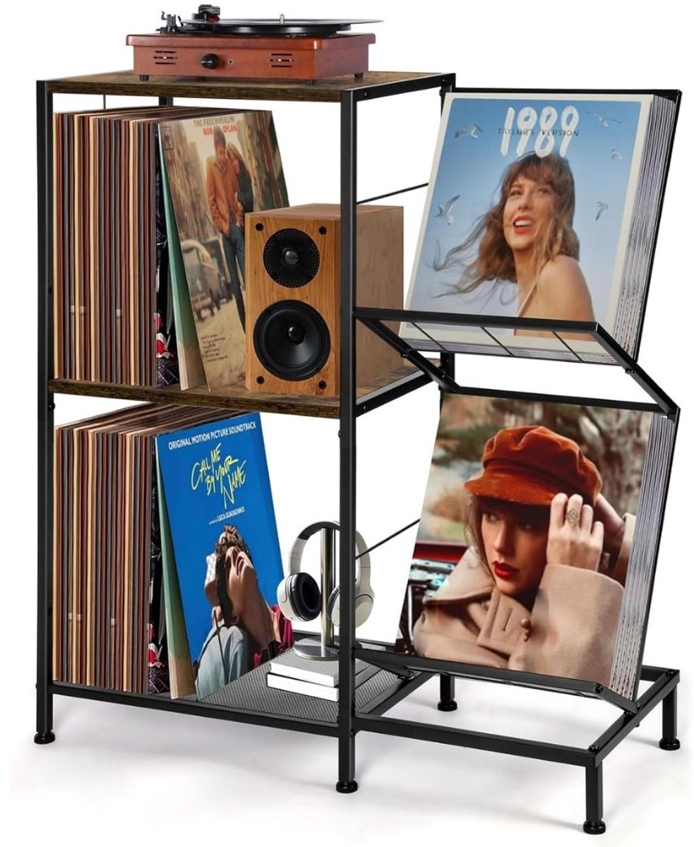 SNJY® Platenspeler Meubel - Platenspeler Kast - LP Houder - Platenhouder - 30,5L x 70B x 83H cm - Bruin/Zwart