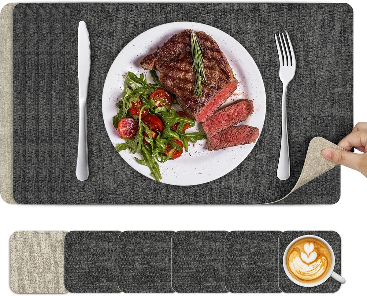 Set van 6 Wasbare Dubbelzijdige Placemats voor Eettafel en Bureau - Kunstleer 43x30 cm