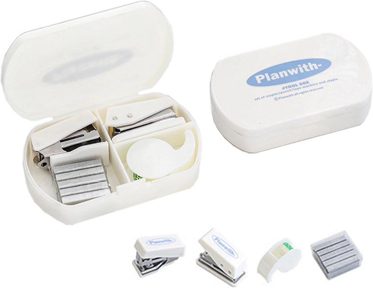 3-in-1 Mini Nietmachine Set met Nietjes, Perforator en Tapedispenser (Wit)