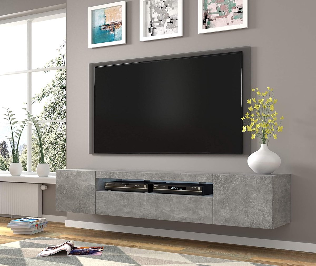 TV Meubel 200x37x42 cm Hangend of Staand – Betonlook Modern Dressoir met Opbergruimte en Kabeldoorvoer – Aura Design – Abkantoor