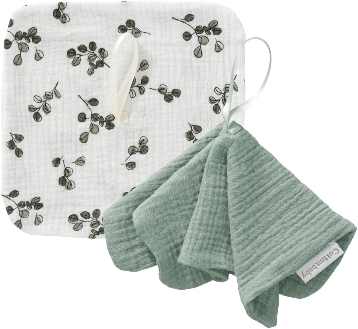 Cottonbaby Set van 2 Cottonsoft Speendoekjes – Leaves en uni oudgroen – Zacht, Wasbaar & Duurzaam – Geschikt voor Speen – 20x20 cm