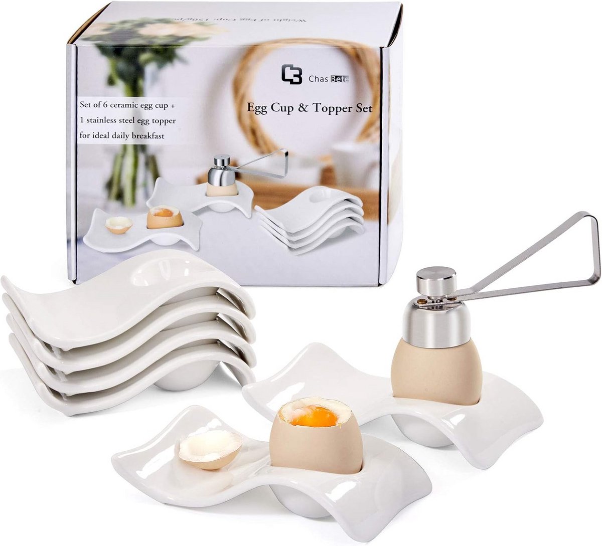 Set van 6 Eierdopjes van Keramiek met Eierpons voor Ontbijt en Brunch