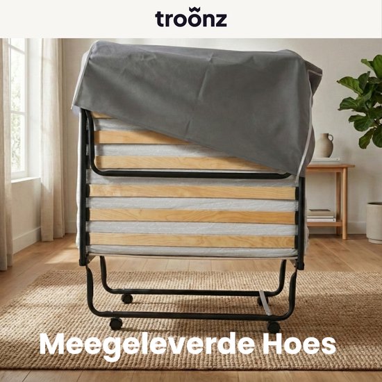 Vouwbed met grijze beschermhoes, 'Meegeleverde Hoes'.