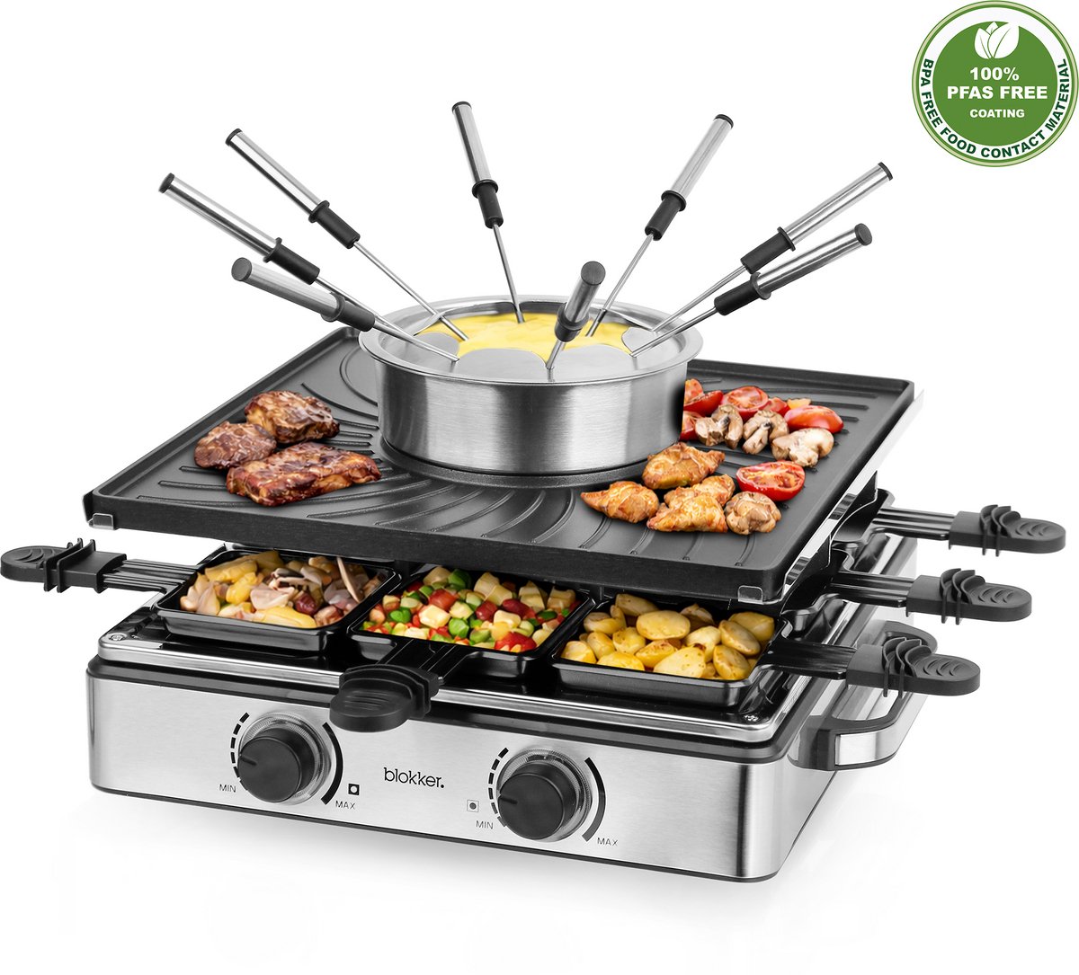 Blokker Raclette Grill - Gourmetset - Kaasfondue - 8 Pannen - Indicatielampje - Regelbare thermostaat - ILAG Coating - PFAS vrij - Aluminium grill - 8 spatels - Fondueset - 1500W - RG-131577.2 Zwart