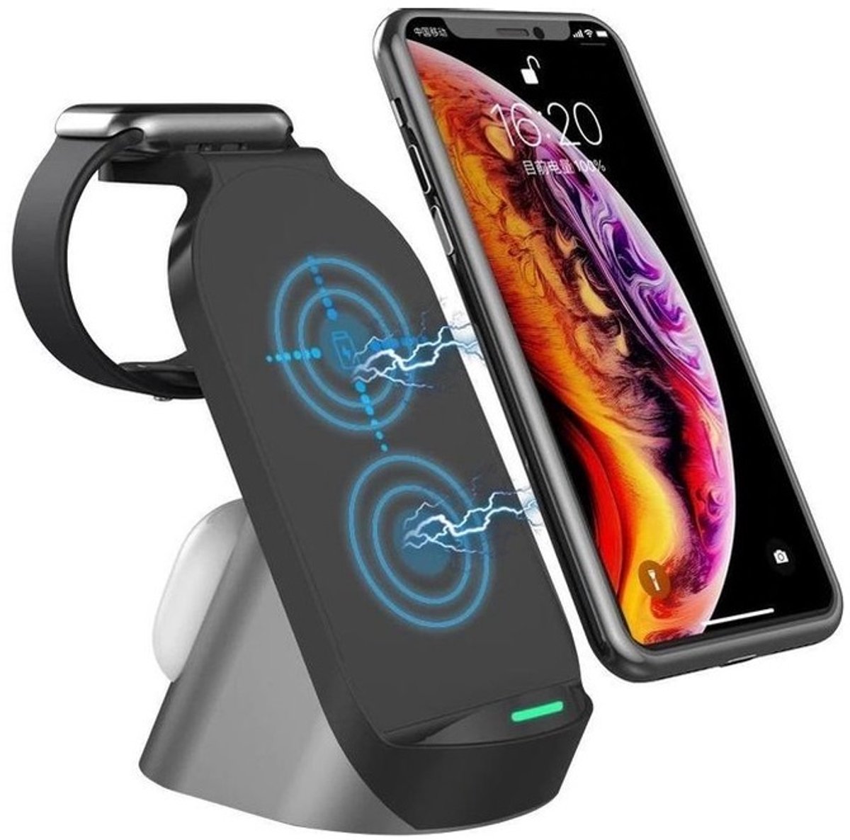 DrPhone QW2 3-in-1 Draadloze Oplader Dock – Geschikt voor iPhone, Apple Watch en AirPods – 15W (Android) / 7.5W (iPhone) – Zwart