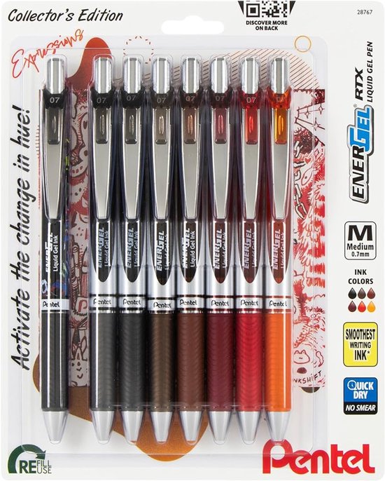Set van 8 Pentel EnerGel RTX pennen in collector's edition, met inktkleuren zwart, grijs, bruin, bordeaux, rood en oranje.