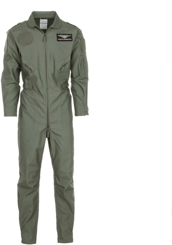 Combinaison de pilote verte Fostex avec fermeture éclair, épaulettes, poches poitrine et écussons. La combinaison a un col.