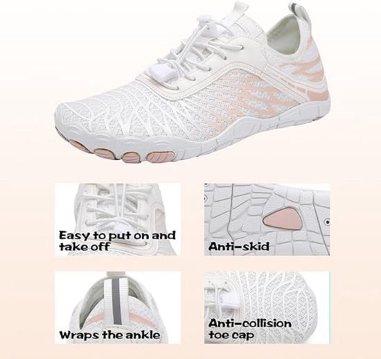 Witte waterschoenen met roze accenten, met details over het gemak van aantrekken, de antislipzool en de beschermende neus.