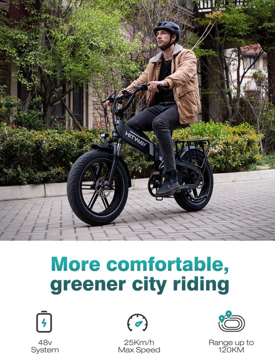 Hitway Elektrische Fiets BK6SL1 - 20*3.0 Inch Fat Tire City Commuter EBike met Afneembare 36V 15.6 Ah Lithium Batterij - Opvouwbaar Mountain E-Bike met 250W Motor - APP Bediening - 7 Versnellingen - IP54 Waterdicht van Hitway — afbeelding 5