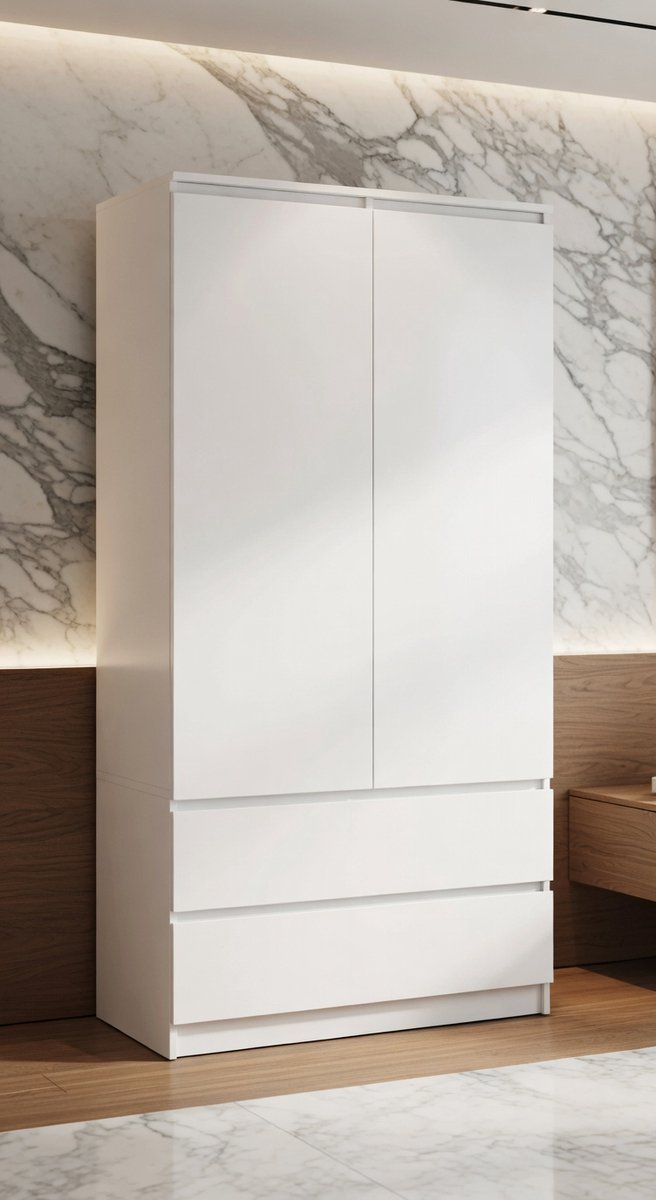 Elegante Multifunctionele Kledingkast – 2 Deuren, 4 Legplanken, 2 Laden & Kledingrek – Garderobekast voor Slaapkamer, Hal, Woonkamer of Kinderkamer – 180 x 90 x 51 cm – Wit House&Garden
