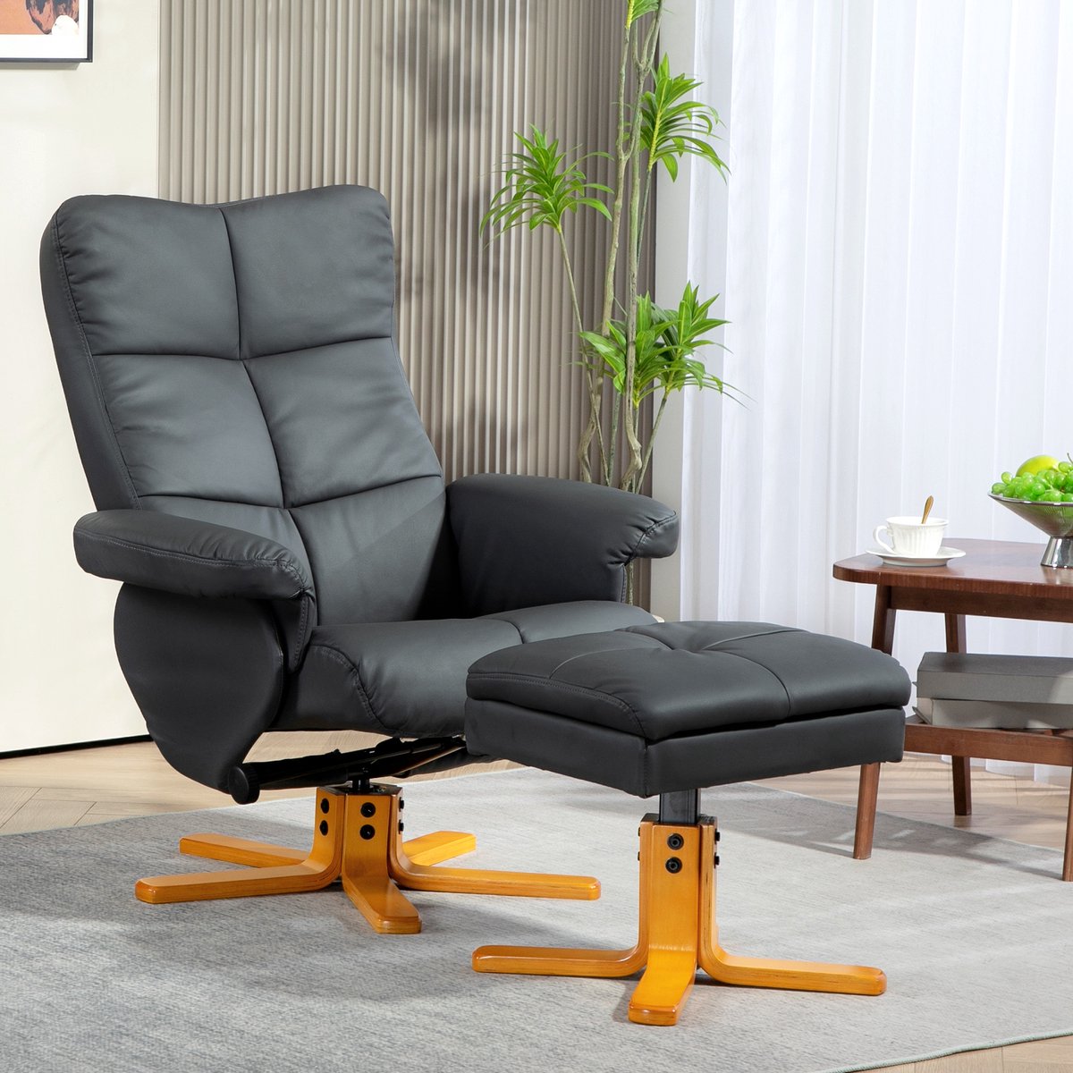REDOM Relaxstoel Met Voetenbank – 80 x 86 x 99 cm – Verstelbare Rugleuning En 360° Draaibaar – Comfortabele Fauteuil Voor Woonkamer Of Leeshoek – Hout – Donkergrijs