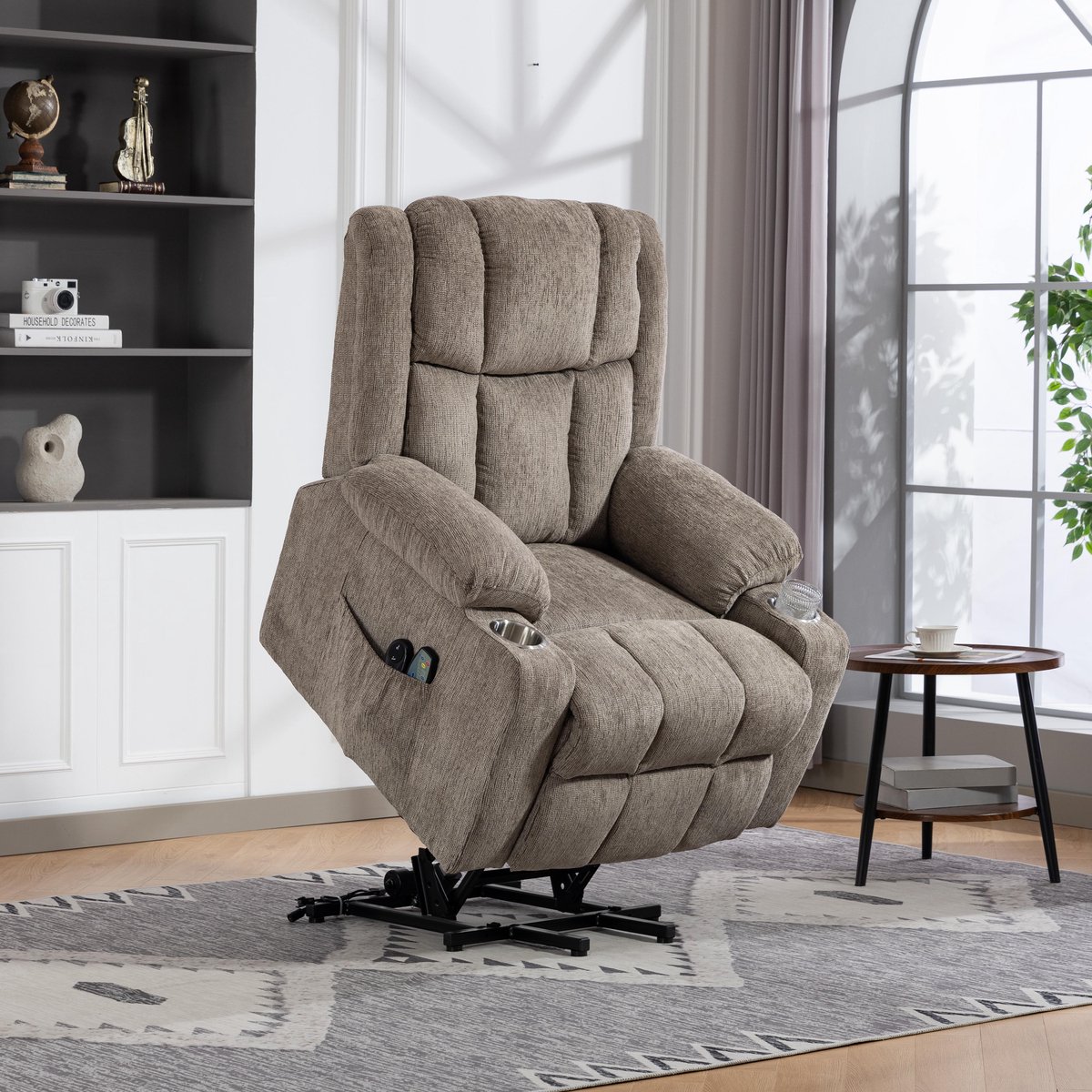YYchan Massagestoel - Relaxfauteuil - Massage en Verwarmingsfunctie - Relaxfauteuil Met Voetensteun - Twee Zijvakken en Bekerhouder - Lichtbruin