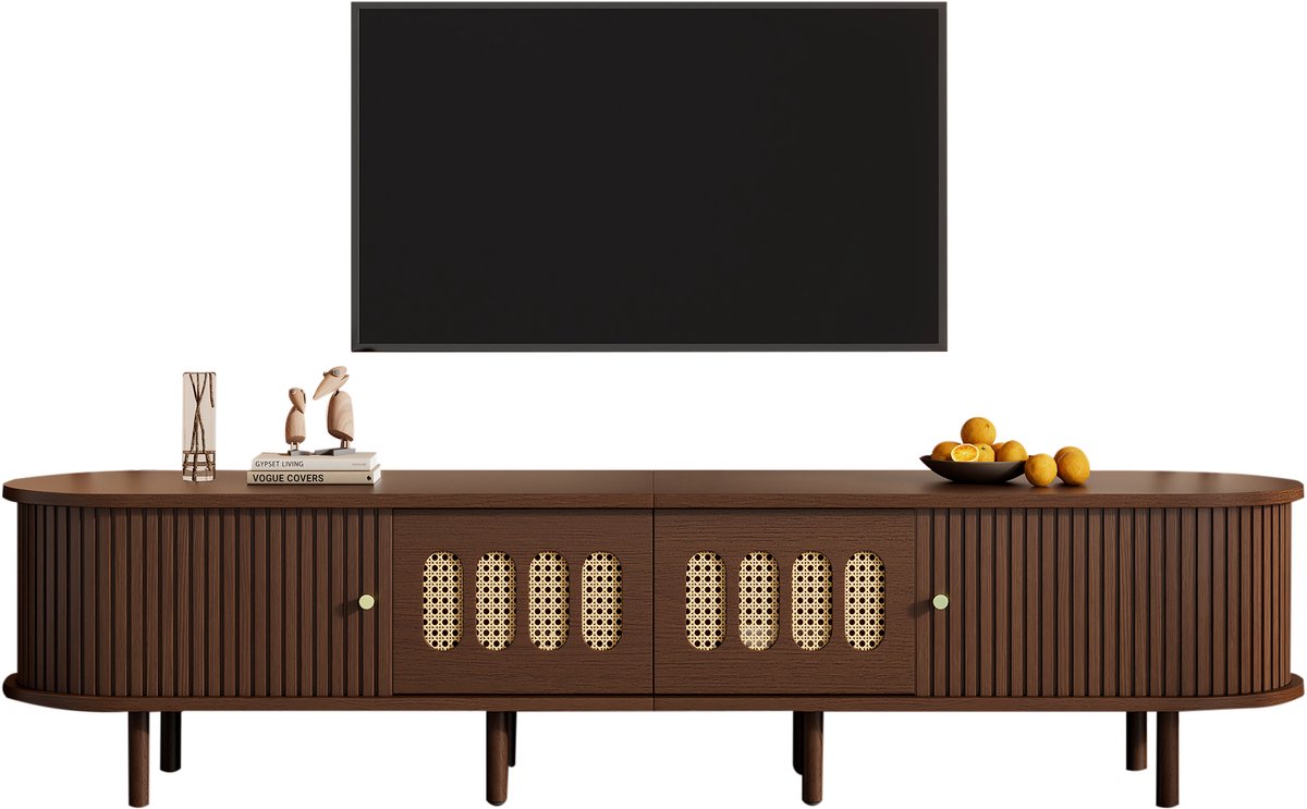 Wishdor - Tv-Meubel - 2 Laden En Roldeuren - Retro - Woonkamer - MDF - Walnoot - 180 X 40 X 40 Cm