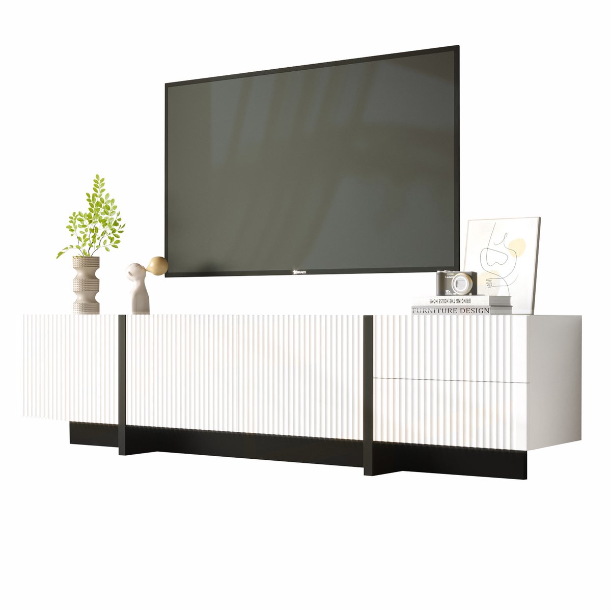 Wishdor Tv-Meubel - 3 Deuren En 2 Laden - Strak Modern - Voor Woonkamer - MDF En Spaanplaat - Zwart Wit - 190 X 35 X 45 Cm