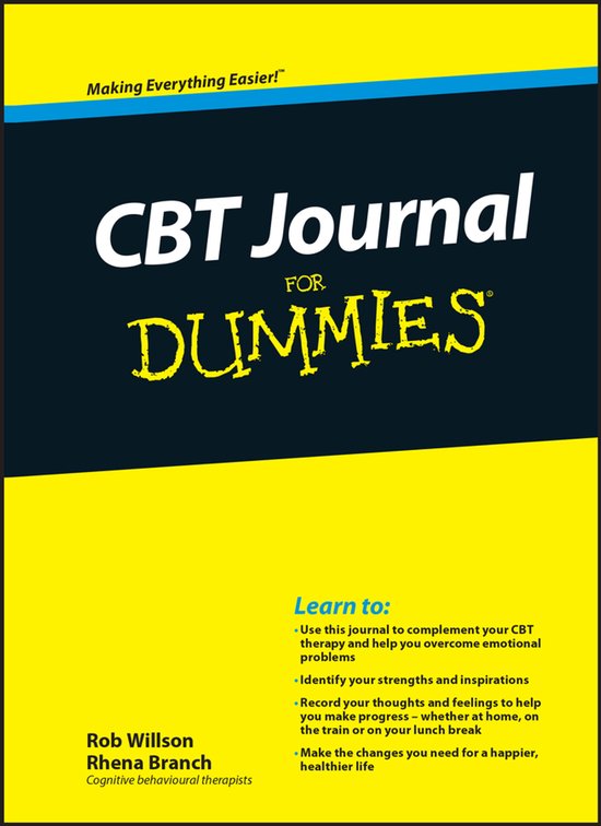 Boek kaft met de titel 'CBT Journal For Dummies' in gele letters, met de ondertitels 'Making Everything Easier!' en 'Learn to:'.