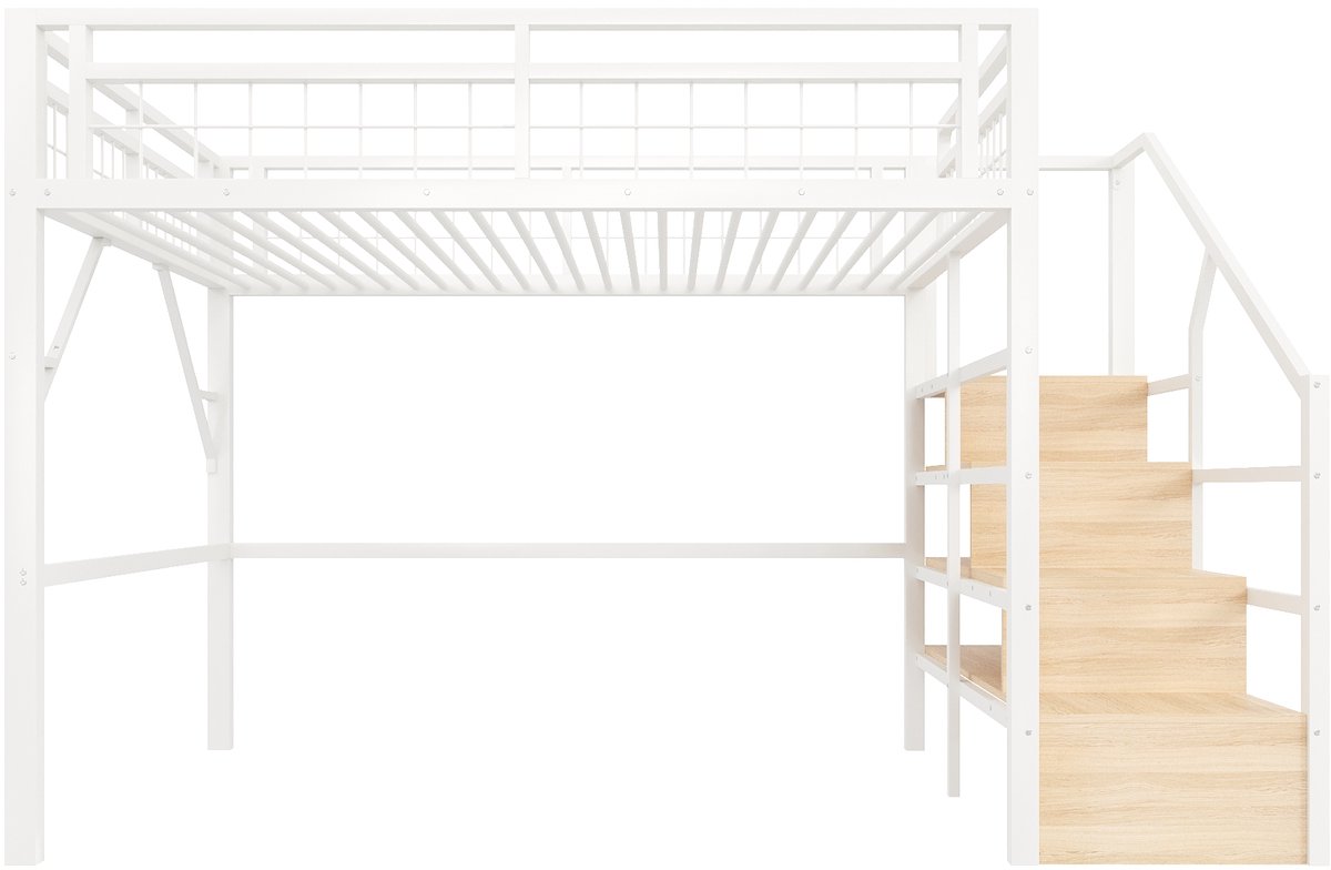 Hoogslaper 140 x 200 cm - met LED-verlichting - trapstructuur met opbergruimte - zonder matras - wit
