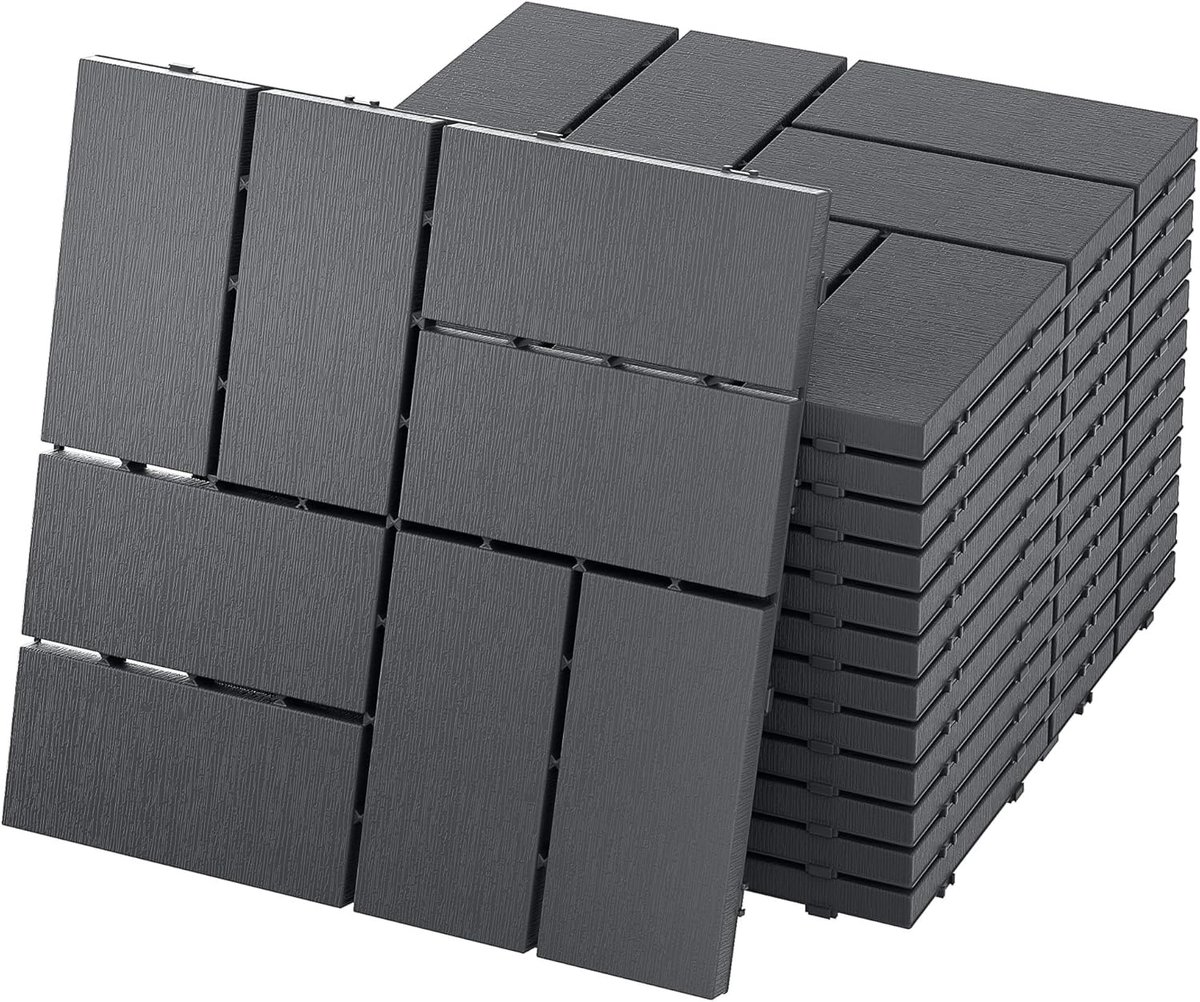 WPC Terrastegels - 11 Stuks - Massief Hout Uitstraling - Balkontegels - 30x30cm - Kliktegels - Met Drainage Rooster - Kunststof - Tuintegels - Vloerbedekking - Voor Tuin, Terras En Balkon - Antraciet - Type B - NAIZY
