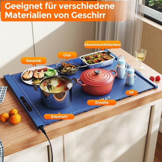 COSTWAY Elektrische warmtemat van siliconen voor levensmiddelen, oprolbare warmhoudplaat, voedselwarmer met automatische uitschakeling (3 temperatuurregeling van 60 °C - 100 °C, 1 H-4 uur timer, blauw — afbeelding 4