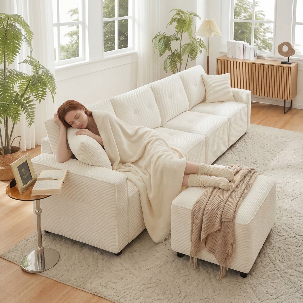 Vierzitsbank met rechte rugleuning en viltbekleding – opbergruimte onder de zitting – inclusief losse poef – kleur: beige – afmetingen: B 280 x D 146 x H 85 cm