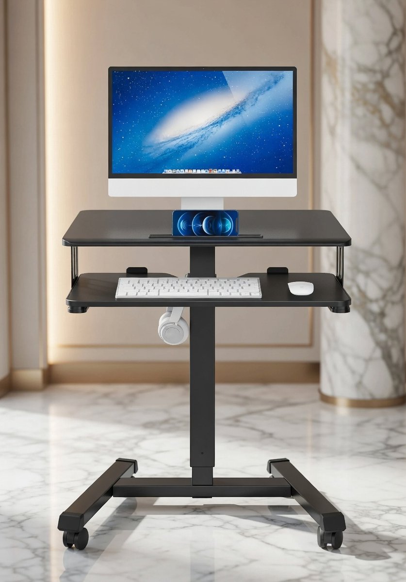 MovePro Luxe Verrijdbaar Sta Bureau met Wielen en Toetsenbordplank – In Hoogte Verstelbaar 72-112 cm – 65x45 cm – Zwart House&Garden