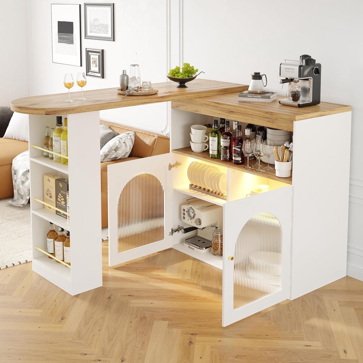 Bartafel met Opbergruimte en LED Verlichting 138x39x105 cm – Uitschuifbaar & 360° Draaibaar – Moderne Statafel / Bistrotafel met Glazen Front – Teak Wit – Laura