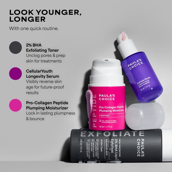 Flesjes Paula's Choice Pro-Collagen Peptide Plumping Moisturizer en CellularYouth Longevity Serum.