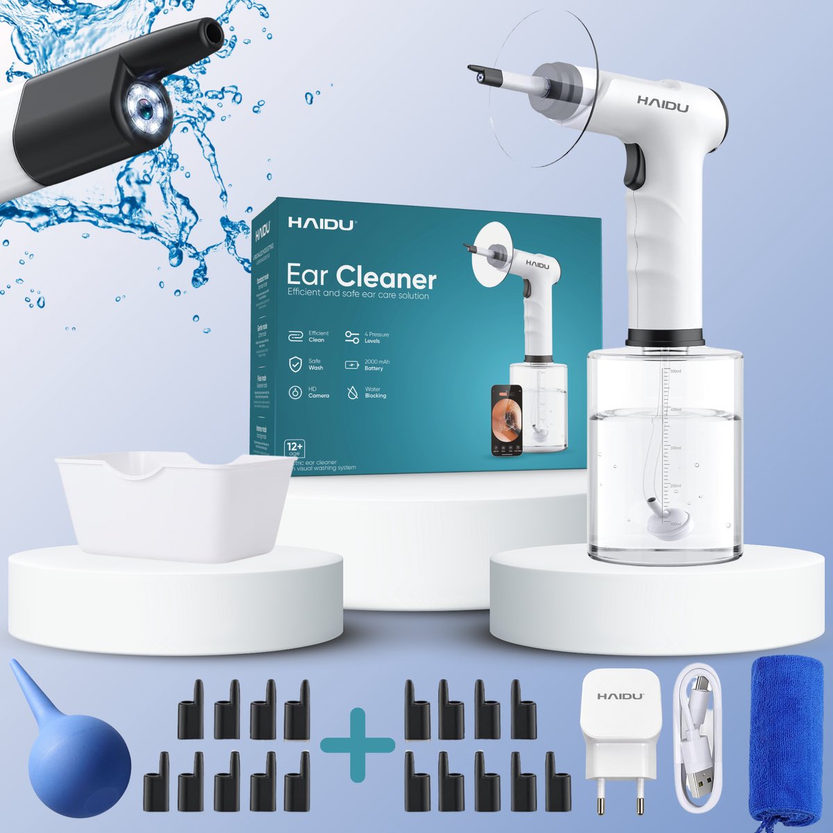 HAIDU Oorreiniger Pro Plus + Luchtblazer, 18 Oortips & USB Adapter – Oorsmeer Verwijderaar met Camera – Oorspuit – Premium Plus