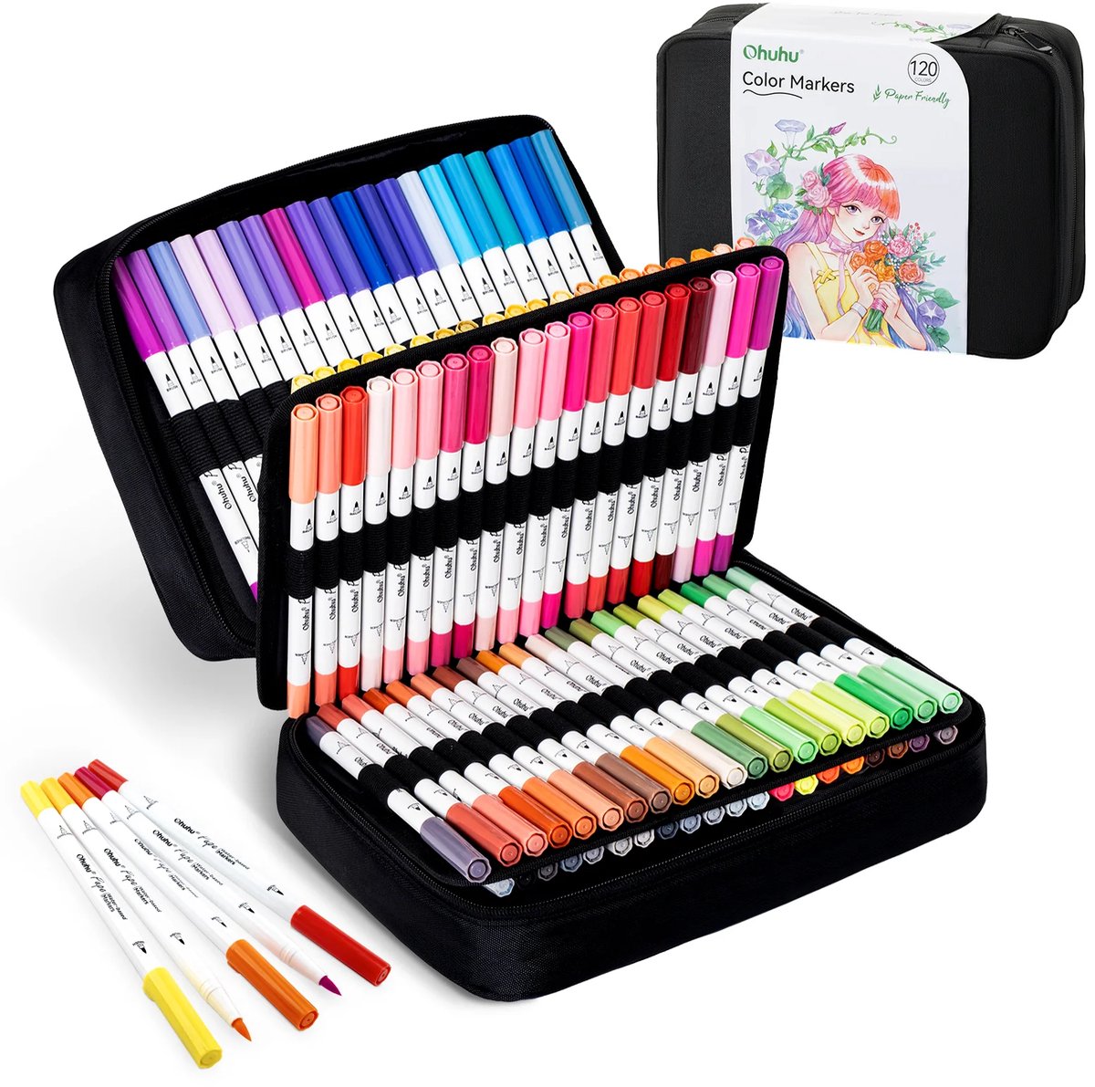 Ohuhu - Pupe Paper-friendly - Brush & Fineliner - Dual Tip Brush markers - waterbasis - set van 120