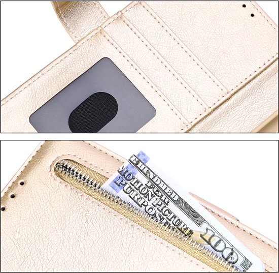 Detailopnames van een gouden telefoonhoesje met pasjes en een bankbiljet in de rits.