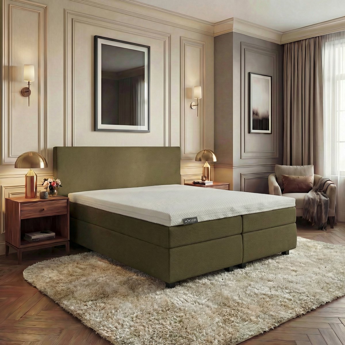 Mörgenn Hotel en B&B Boxspring - Pocketvering - Olijfgroen - 200x210 cm - Inclusief Dekbed en Kussens