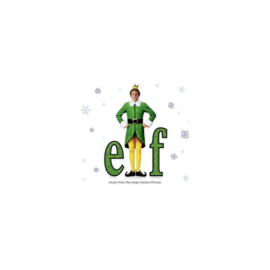 Een man gekleed als een elf, met een groene jas, gele panty en een kerstmuts. Het woord 'elf' in grote groene letters staat ernaast.