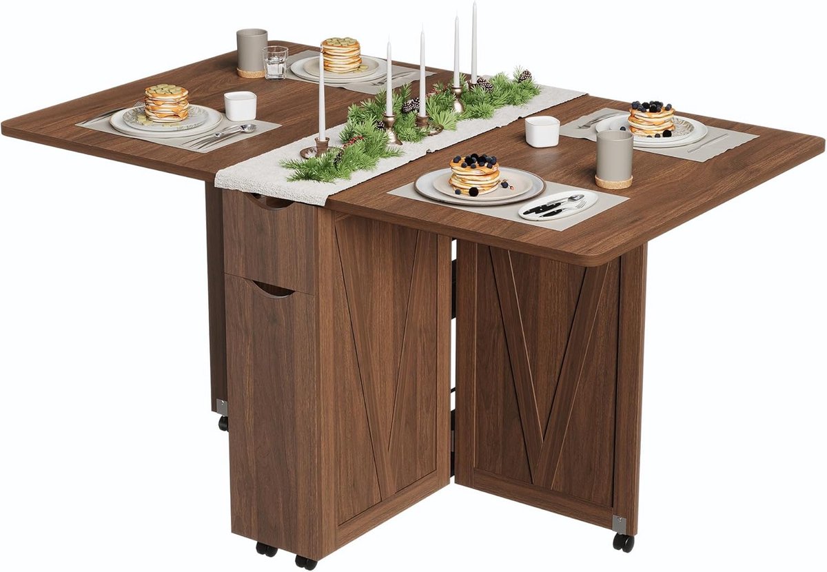Multifunctionele Inklapbare Eettafel op Wielen met Opbergruimte - Ruimtebesparende Keukentafel voor Kleine Ruimtes - Met Lade & Planken - bruin