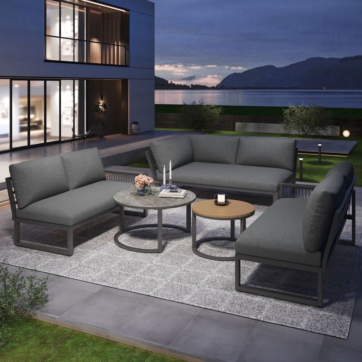 BLACKCOLORS Tuinset, meubelset voor 6-7 personen, hoekbank met gegalvaniseerd ijzeren frame, verstelbare poten, inclusief alle zit- en rugkussens, grijs thumbnail 6