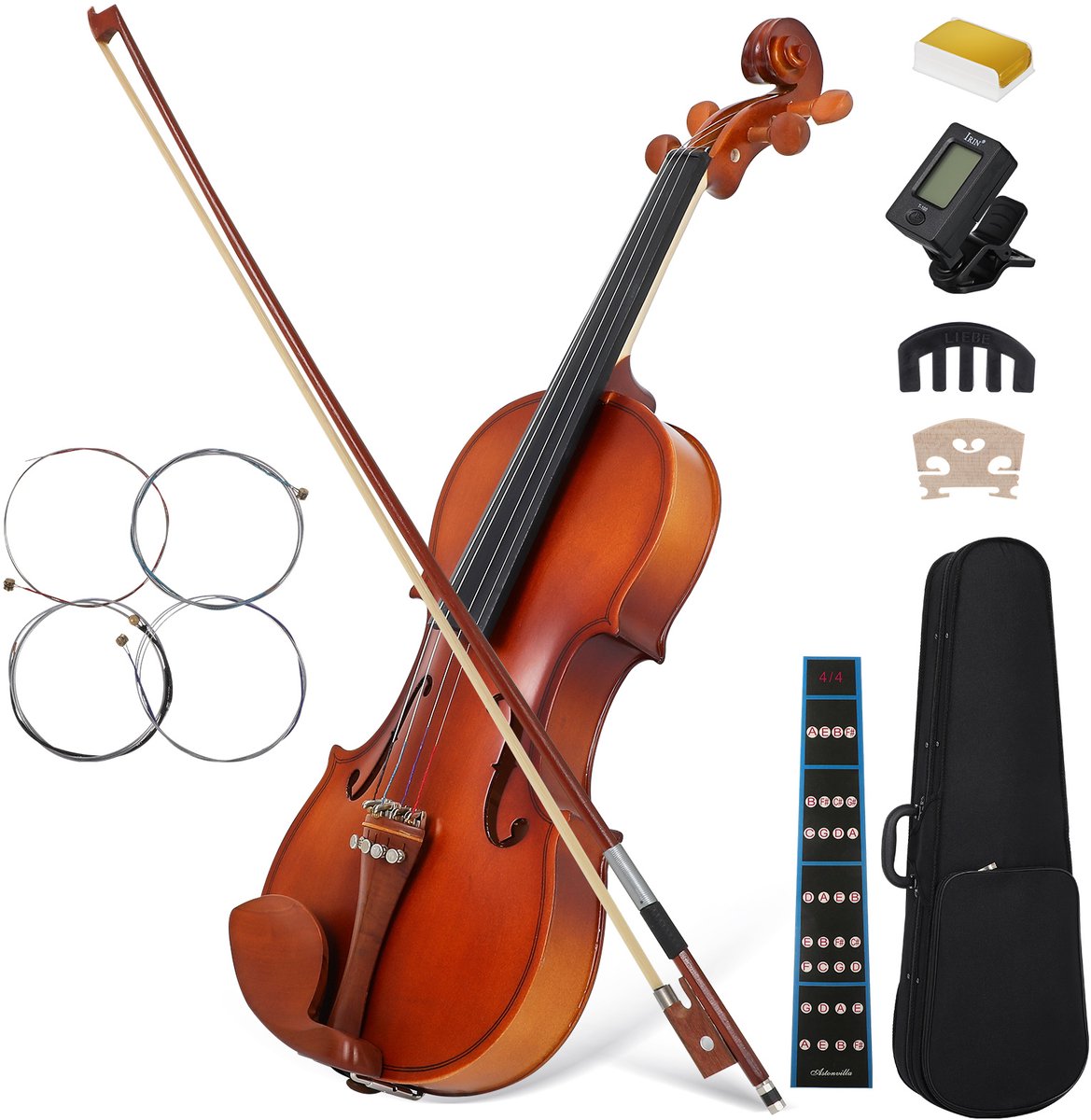 4/4 Viool Starter Kit voor Volwassenen & Studenten – Akoestische Viool van Massief Hout – Complete Set met Koffer, Stok, Harpuis, Stemapparaat & Extra Snaren – Bruin