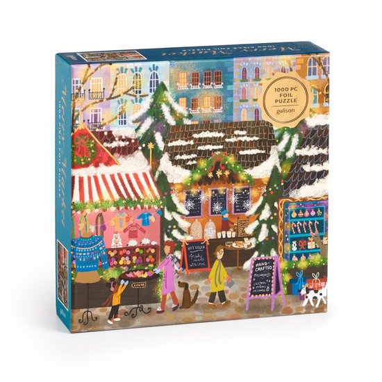 1000-delige folie puzzel van een winterse markt met kraampjes met kleding en cadeaus. Galison.