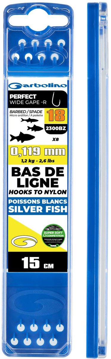 Garbolino Hooks to Nylon Competition Perfect Wide Gape-R 15cm (8 pcs) - Maat : Haak 12 (2300BZ) - 0.142mm Super Soft