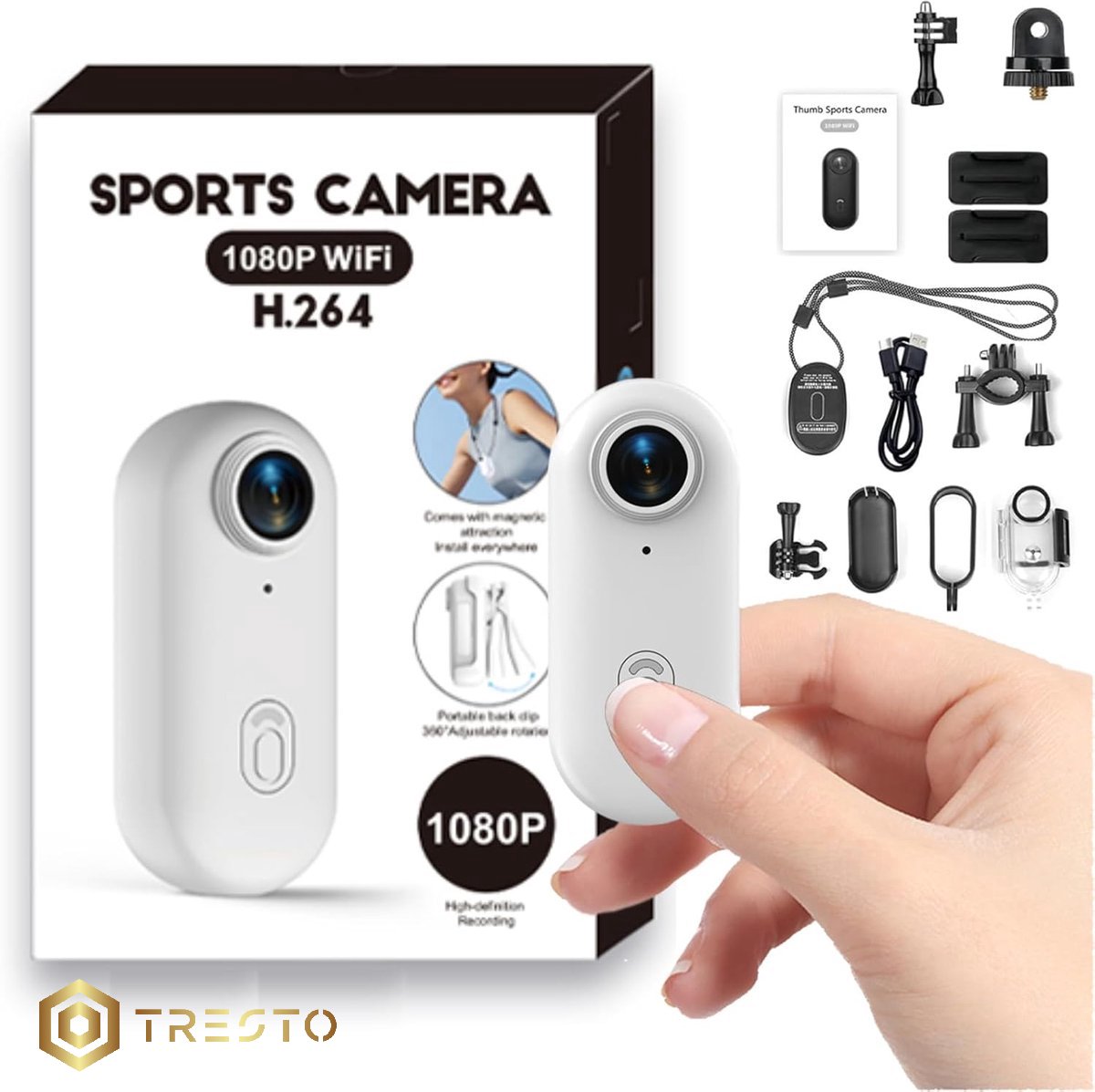 TRESTO - Mini Action camera wit - Recorder - HD sportcamera - Videocamera - 120° Groothoeklens - 1080P Bodycamera met magnetische lanyard-achterclip - 360° clip - Handsfree POV-camcorder met montageaccessoires voor fietsen, motorrijden, huisdieren