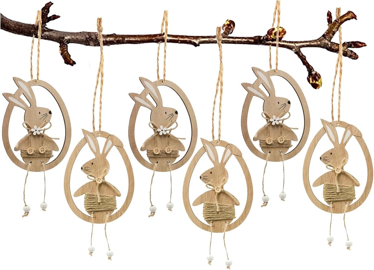 Paashaas Hangers - Decoratie Set - Paasversiering - Natuurlijk Hout - 6 Stuks