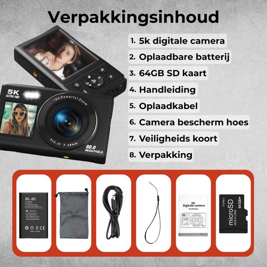 Inhoud van de verpakking van de 5K digitale camera met camera, batterij, SD-kaart, kabel en hoes.