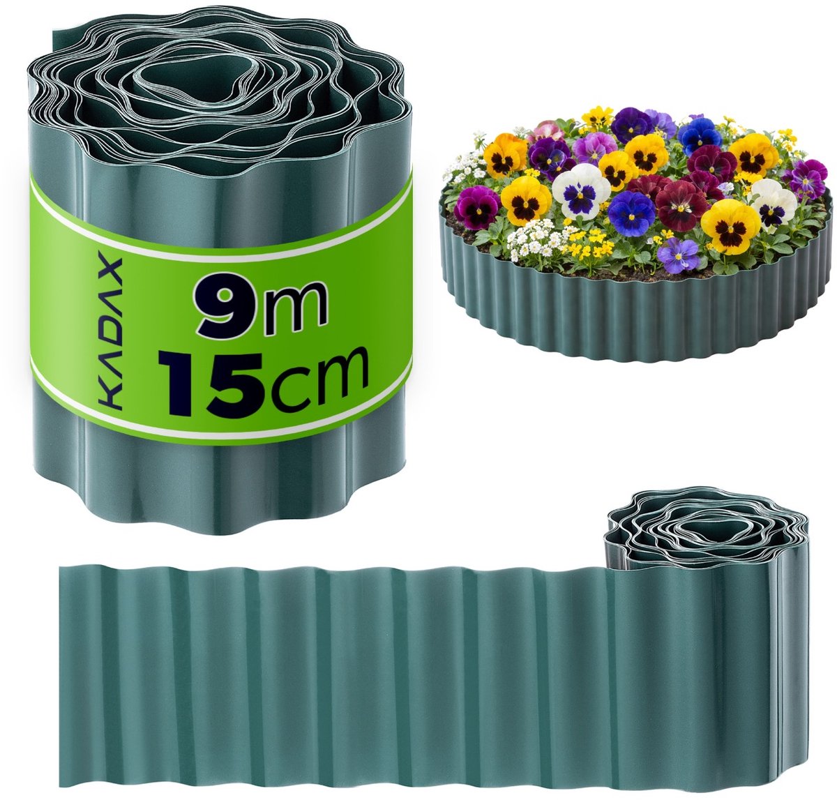 KADAX Grasrand 15 cm x 9 m, bloembedafscheiding van kunststof, flexibele rand voor bloembedden, maai-afscheiding, gazonband, gazonbegrenzing