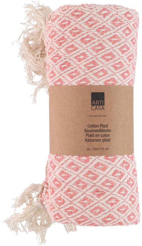Arti Casa Katoenen Plaid - 130x170 cm - Decoratieve Deken met Franjes - Zachte Woonplaid - Roze
