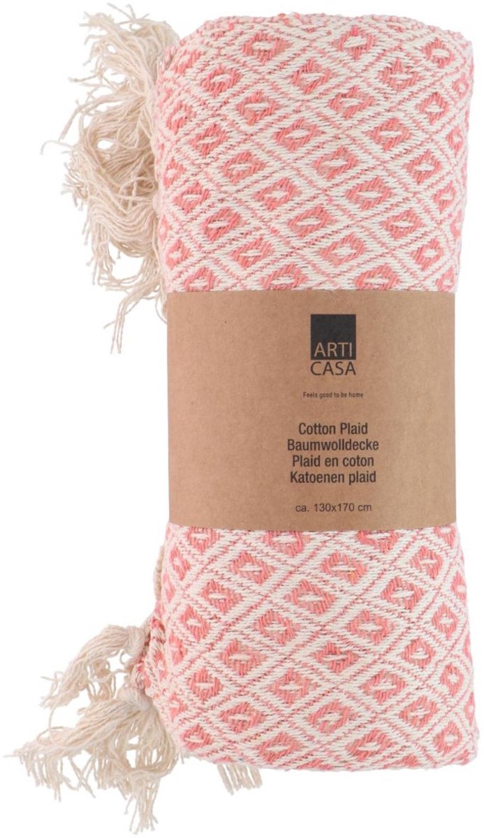 Arti Casa Katoenen Plaid - 130x170 cm - Decoratieve Deken met Franjes - Zachte Woonplaid - Roze