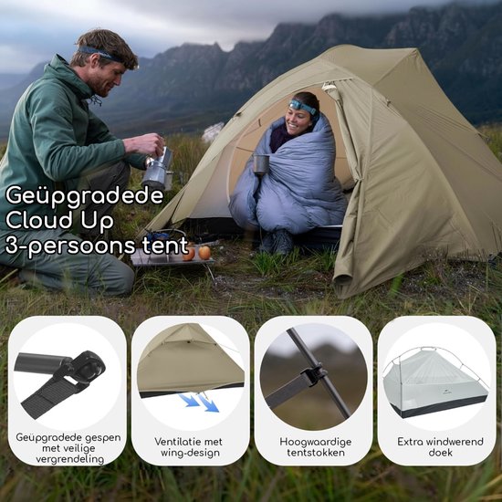 Naturehike Cloud Up 3 PRO - 3 persoons lichtgewicht tent - Waterdichte kampeertent - 20D 3000MM - Inclusief grondzeil - Outdoor trekking koepeltent - Maanzand van Naturehike — afbeelding 5