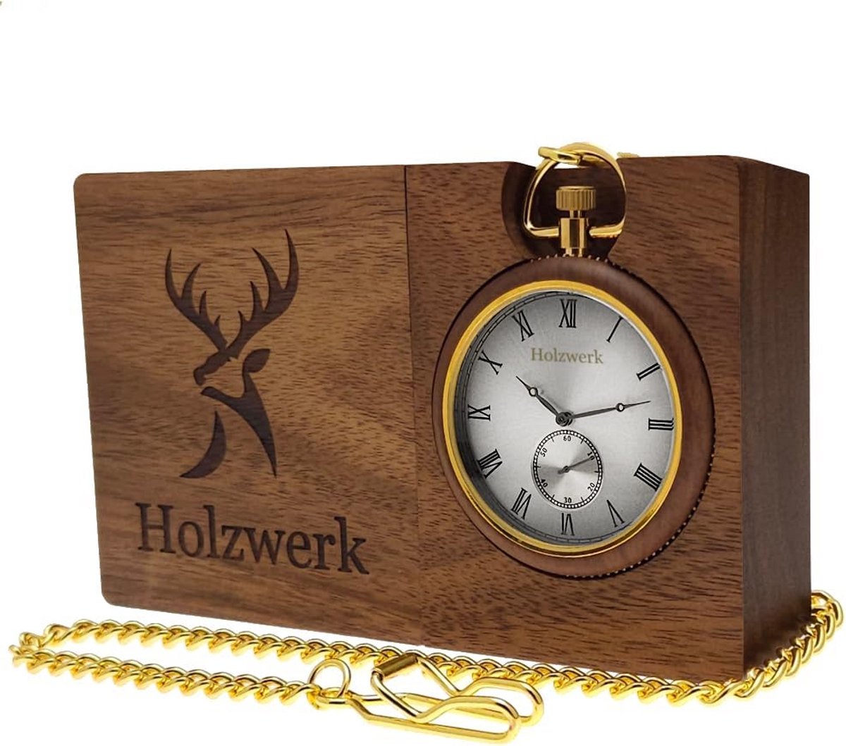 Houten Zakhorloge - Tafelklok Staand - Tijdweergave - Handgemaakt Natuurlijk Hout - 4.8 cm Kast - Bruin Goud