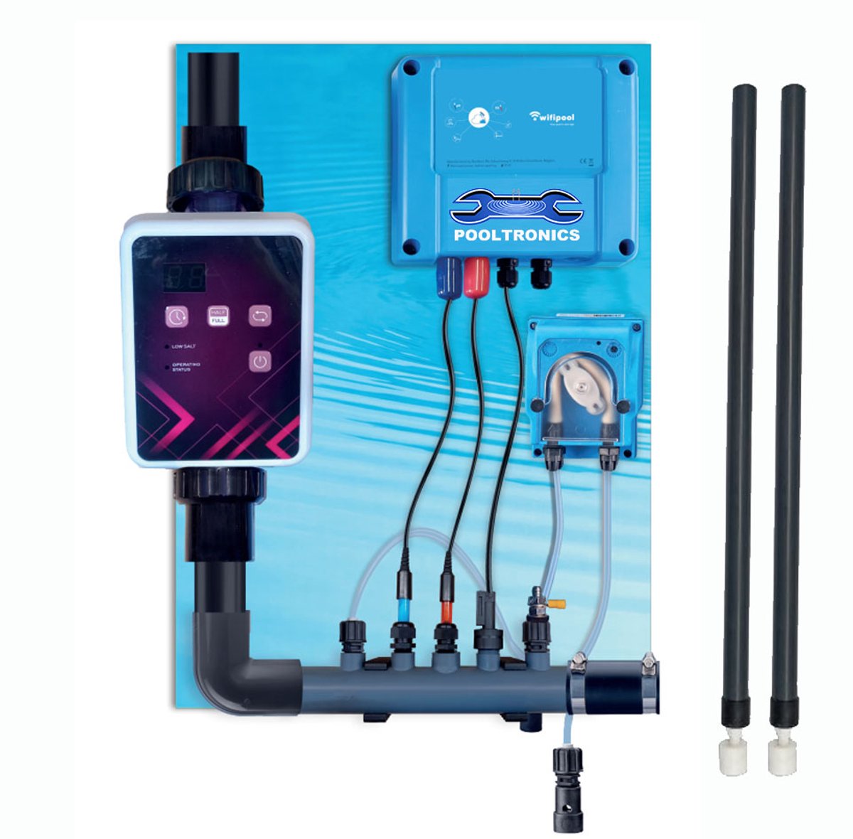 POOLTRONICS Automatisch Zoutelectrolyse pH Dosering Systeem met WIFI – Zwembad Waterbehandeling met zoutwater 10g/u – Gezonder Chloor Alternatief – Voor Inbouw & Opzet Zwembad tot 50m³ – Voorgemonteerd Met Flow Switch / Level Switch