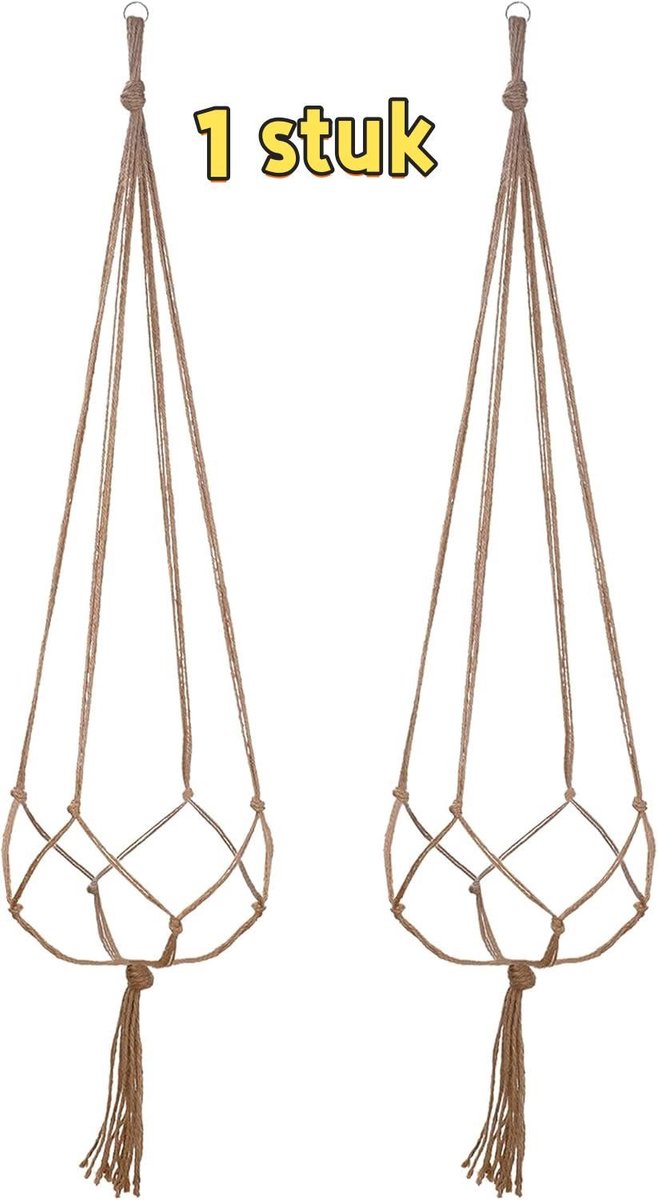 1 stuk - Geweven hangzak - Netzak voor bloempotten - Eenvoudige stijl met henneptouw en ijzeren ring (gouden ijzeren ring) - Geschikt voor hangmanden binnen en buiten in de tuin - 122 cm - Bruin