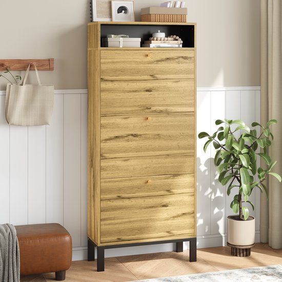 Schoenenkast met 3 kleppen en open vakken, Japandi naturel